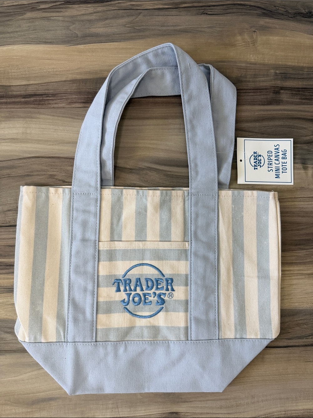 Trader Joe's Striped Canvas Mini Tote Bag in Light Blue and Cream